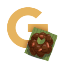 Illustration of the letter G with a rendang dish on the bottom right corner