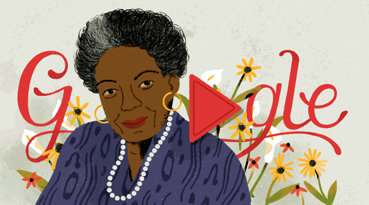 Illustration of Maya Angelou with the Google letters. She has short black and grey hair, brown skin, and is wearing earrings and a necklace. Her head replaces the first O and a play button replaces the second O.
