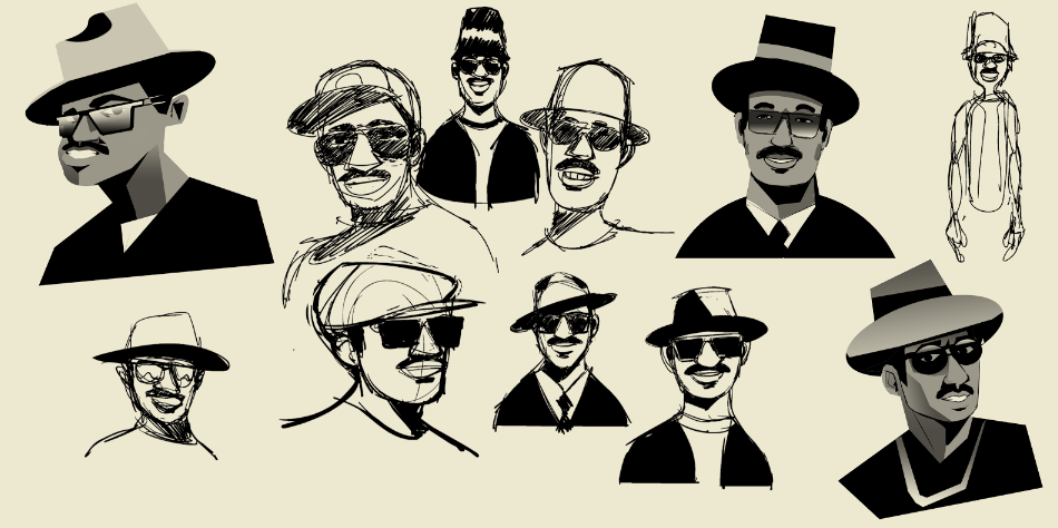 Multiple sketches of Fab 5 Freddy faces