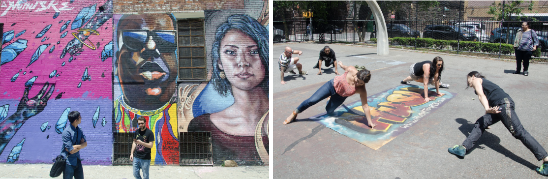 Two side by side photographs depicting people in front of murals and breakdancing 