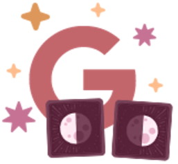 Illustration of the letter G with stars around and two half Moon cards on the bottom.