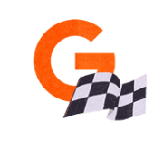 Orange illustration of the letter G with a black and white checkered flag