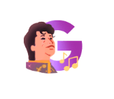 Purple illustration of the letter G with an illustration of Juan Gabriel and two music notes