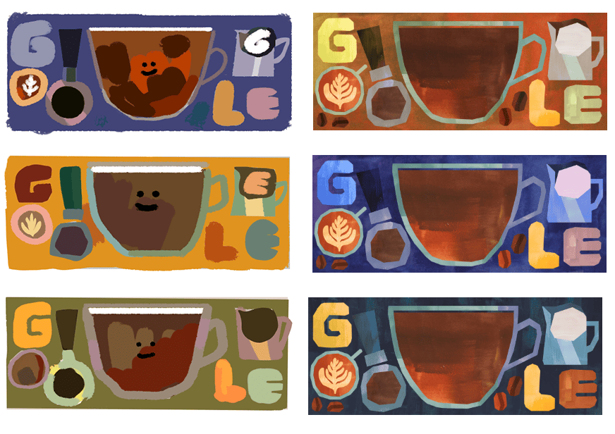 Six illustrations of the Doodle arranged in a grid with different color options 