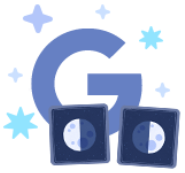 Illustration of the letter G with stars around and two half Moon cards on the bottom.