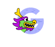 Purple illustration of the letter G with a purple, green, and yellow dragon
