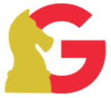 Illustration letter G with yellow knight chess piece on the left