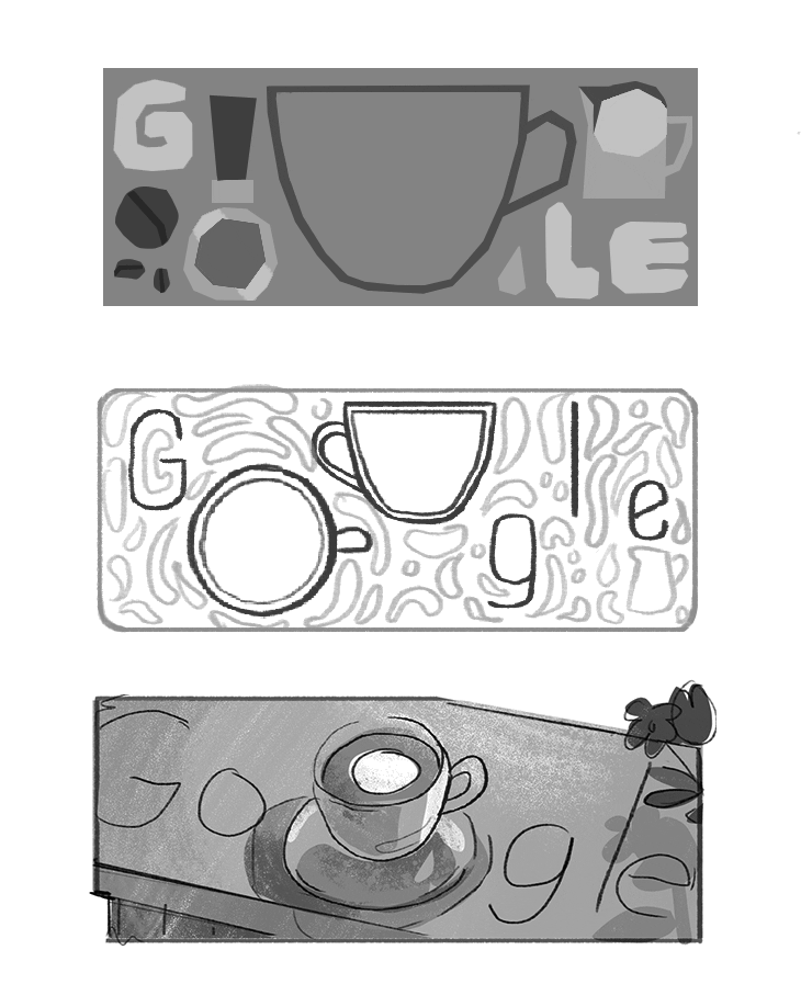Three black and white animated illustrations of the Google logo with coffee mugs arranged vertically