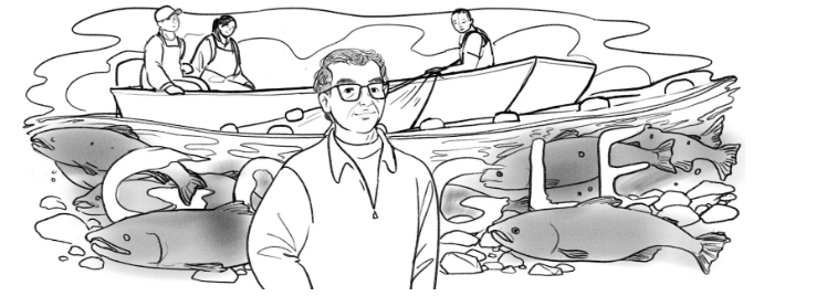 Pencil sketch of the Doodle, with Hank Adams at the front and behind him are people on a boat and the Google letters are incorporated into the water with a school of fish.