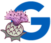 Illustration of letter G with a cirsium vulgare in the bottom left corner.