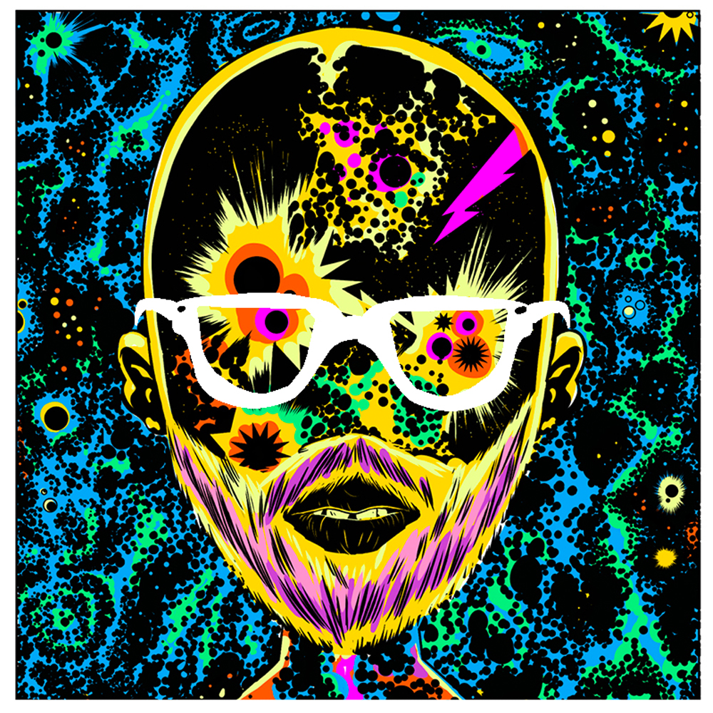 Colorful, abstract illustration of a man's head with eye glasses and a beard. The background depicts a space-like atmosphere. 