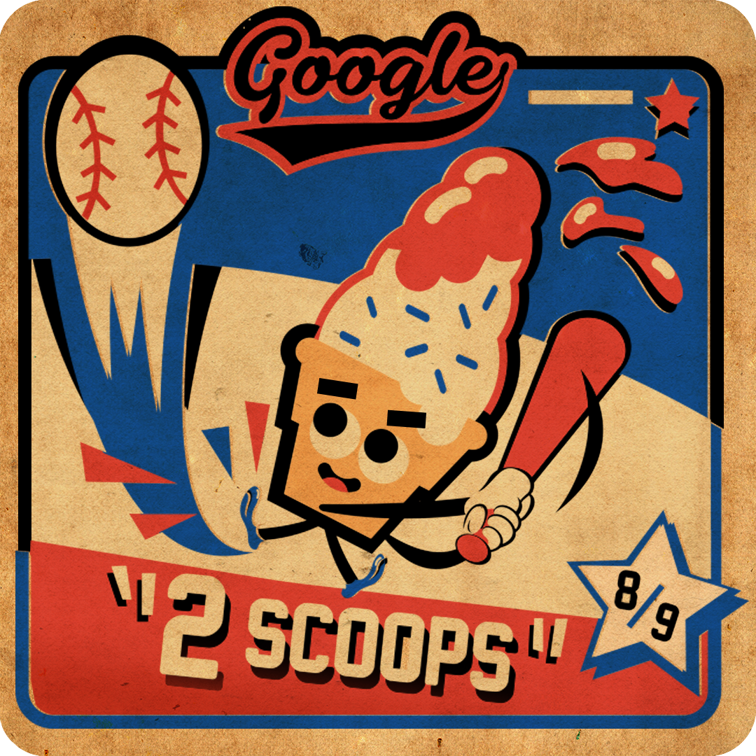 Illustration of a personified ice cream cone batting at a baseball with the Google logo overhead