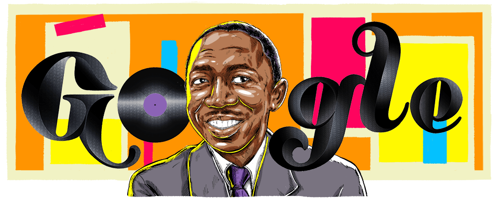 Colorful illustration of Todd Matshikiza in front of the Google logo. He has brown skin, short black hair, and is wearing a suit smiling. The Google letters look like vinyl records.