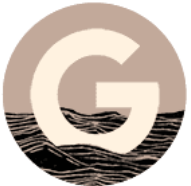 Illustration of letter G in a tan circle and black waves in the bottom