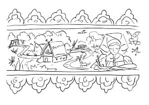 Pencil sketch draft of the Doodle with Mina writing in a book, with a house behind her.