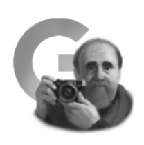 Illustration of the letter G with Abbas Attar holding a camera