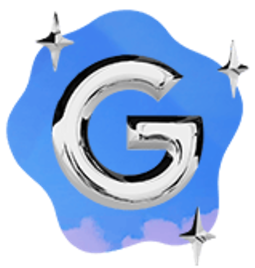 Illustration of the letter G in chrome with a blue background and stars