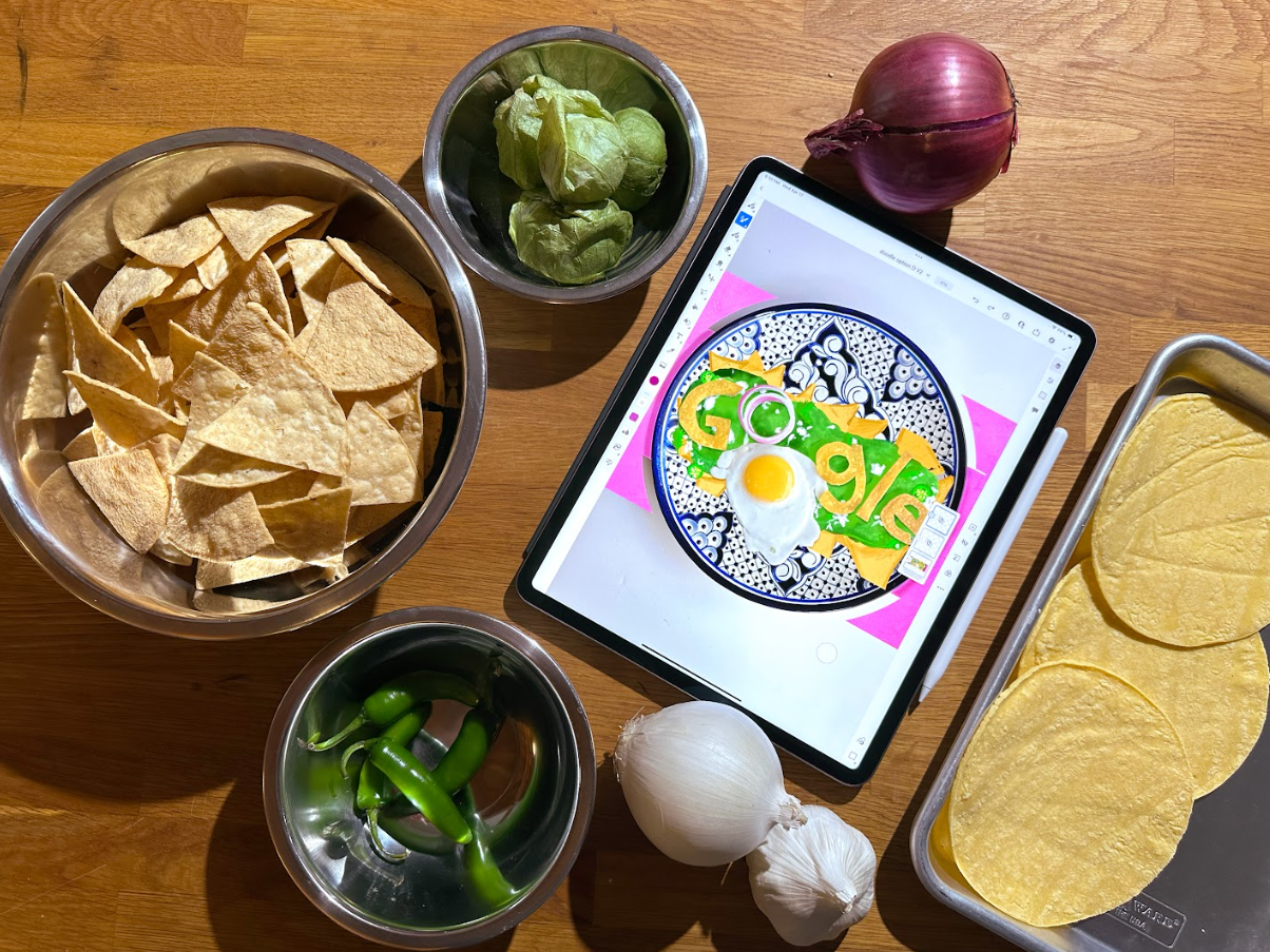 Image of all the ingredients used to make Chilaquiles laid out with an iPad showing the illustration of the Doodle. 
