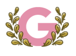 Pink illustration of the letter G with gold feathers surrounding the letter 