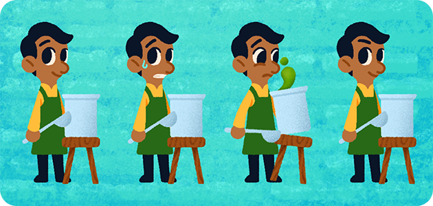4 illustrations of cartoon man cooking pani puri 