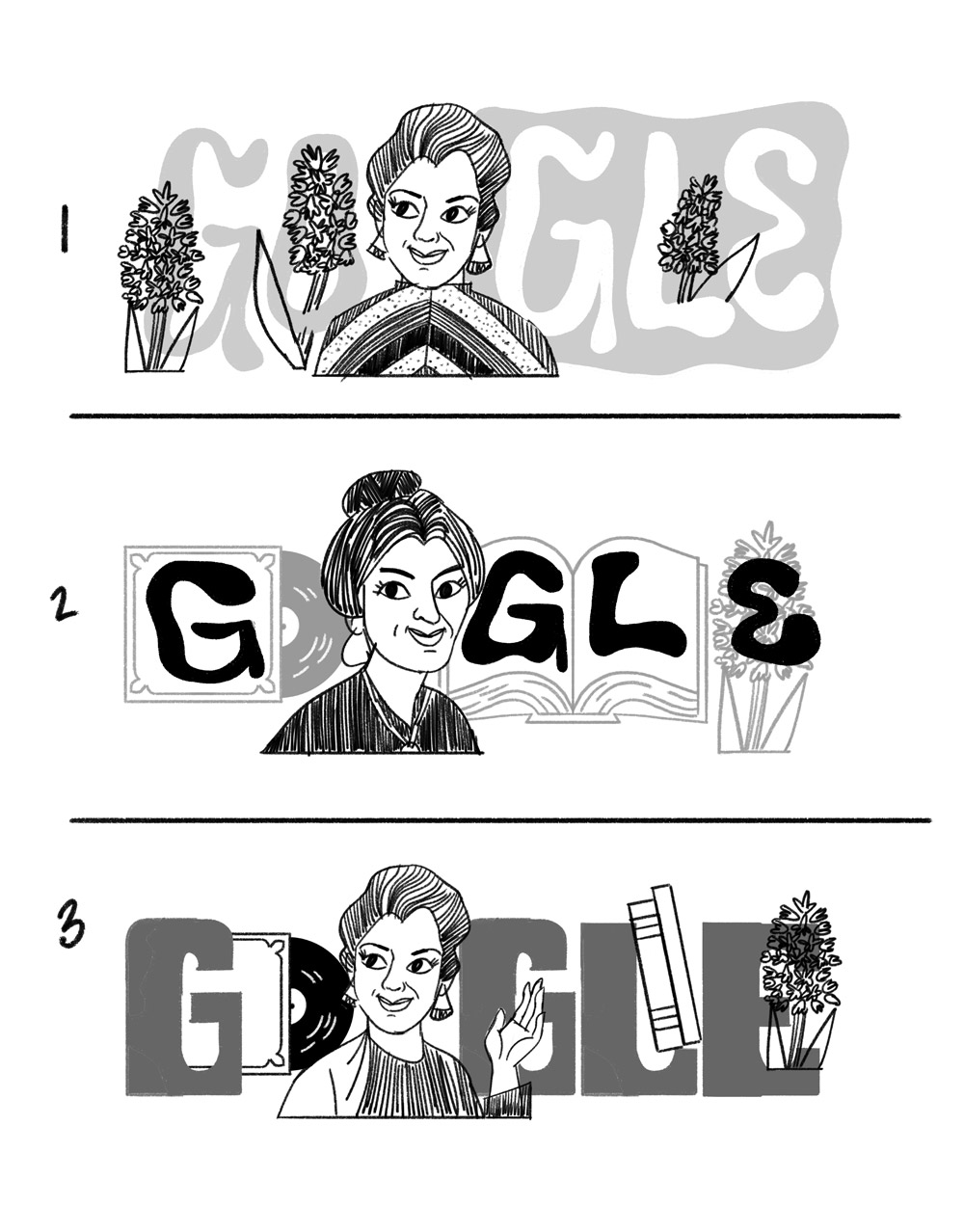 Three black and white sketches of a woman with the Doodle logo and flowers arranged vertically 