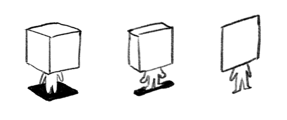 Black and white illustration of three cubes with arms and legs