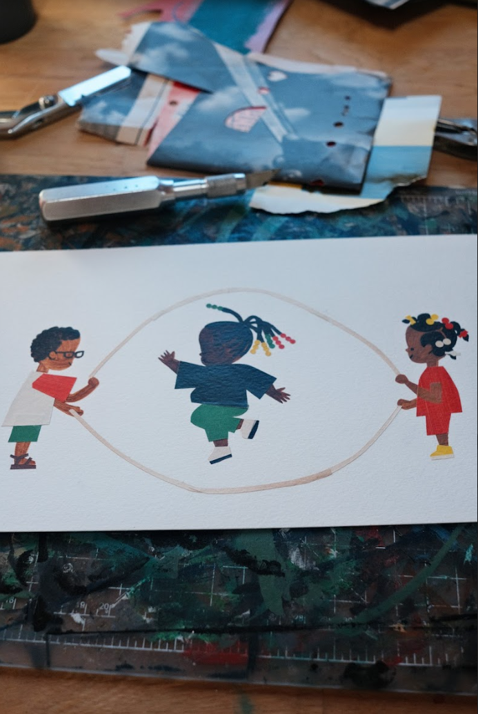 Sketch of the three children in the Doodle playing jump rope