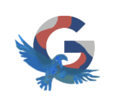 Illustration of letter G in camouflage gray, white, and blue with a blue eagle.