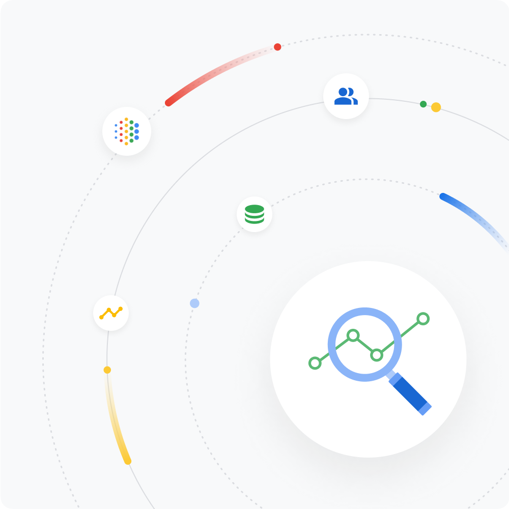 Illustration de plusieurs icônes en orbite représentant les principales composantes de l’IA selon Google : les données, la recherche et l’humain.