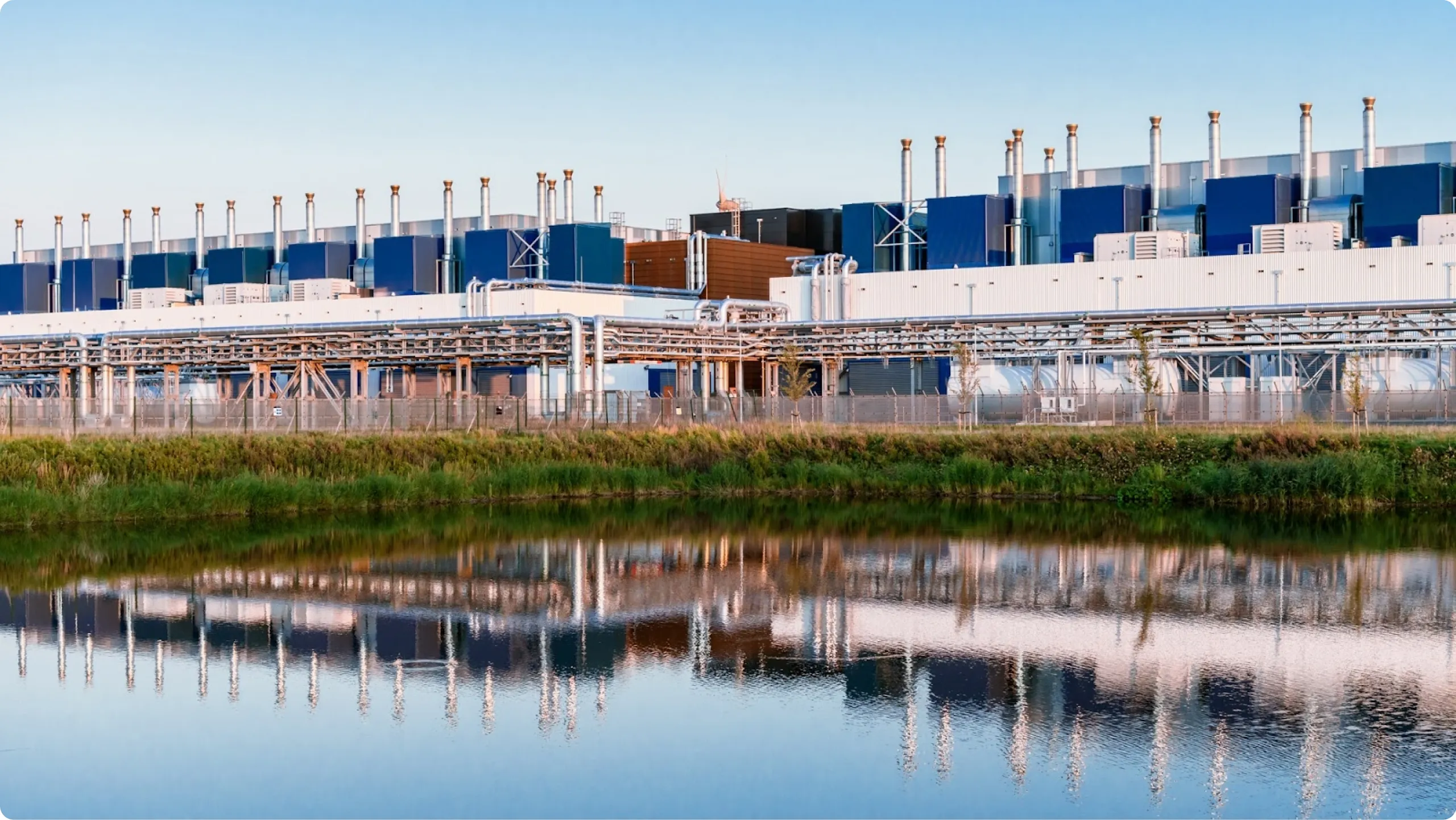 A reflective pond in front of a data center