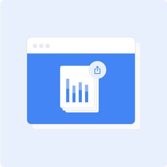 En illustration af en webside med et søjlediagram og et deleikon for at vise, hvordan Google deler data om politiktiltag.