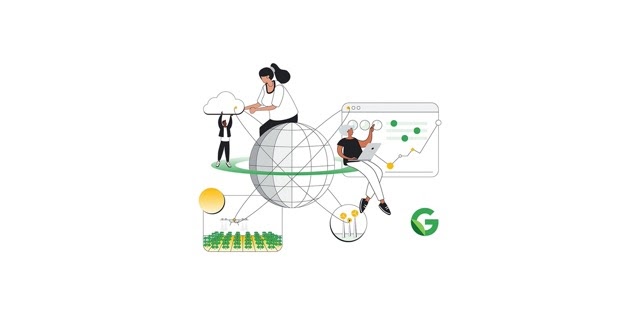 Illustration with a globe, G-Leaf logo, wind turbines, woman with a laptop, agriculture