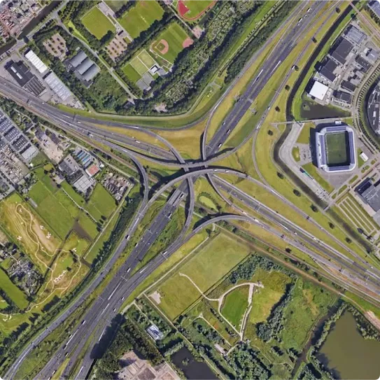 An overhead view of a highway interchange. 