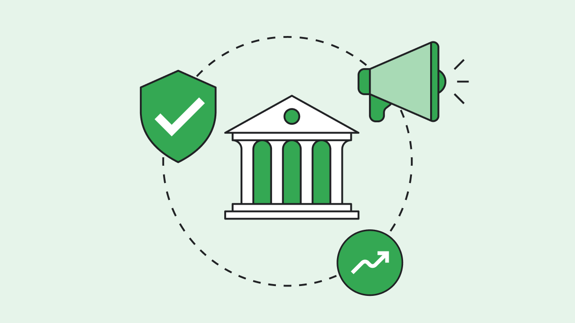 Green icon of a columned building within a dotted line circle, surrounded by a security verified checkmark, a trending icon, and a megaphone