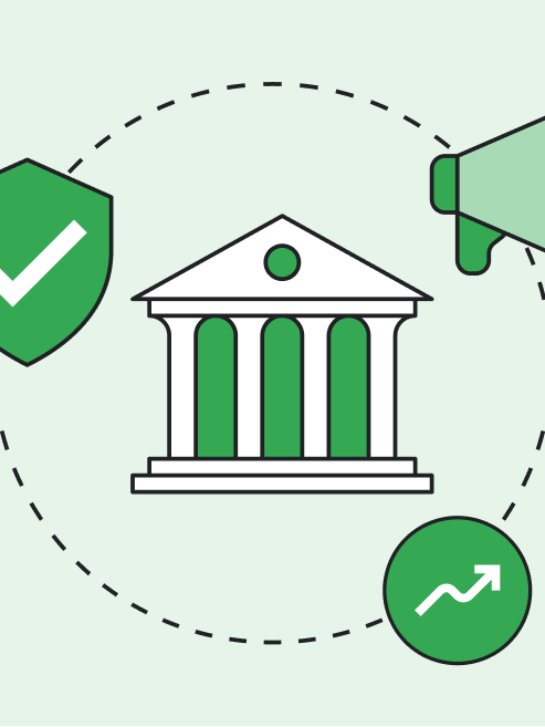 Green icon of a columned building within a dotted line circle, surrounded by a security verified checkmark, a trending icon, and a megaphone