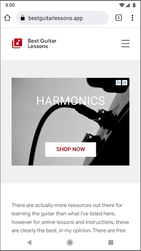 Image of the Best Guitar Lessons page with a hero image of an amp and the word ‘ harmonics’ and cta ‘shop now’