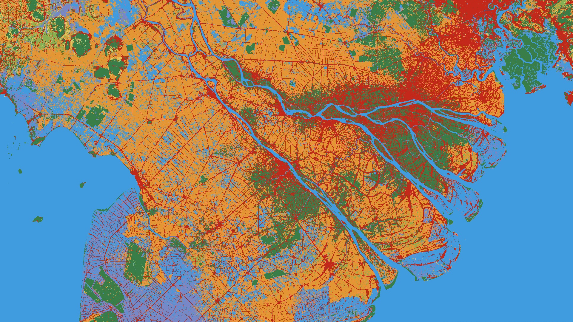 Gráfico aéreo que muestra imágenes de Dynamic World que muestran diferentes tipos de cobertura y usos del suelo en Ho Chi Minh representados en rojo, naranja, amarillo, azul, verde y morado.