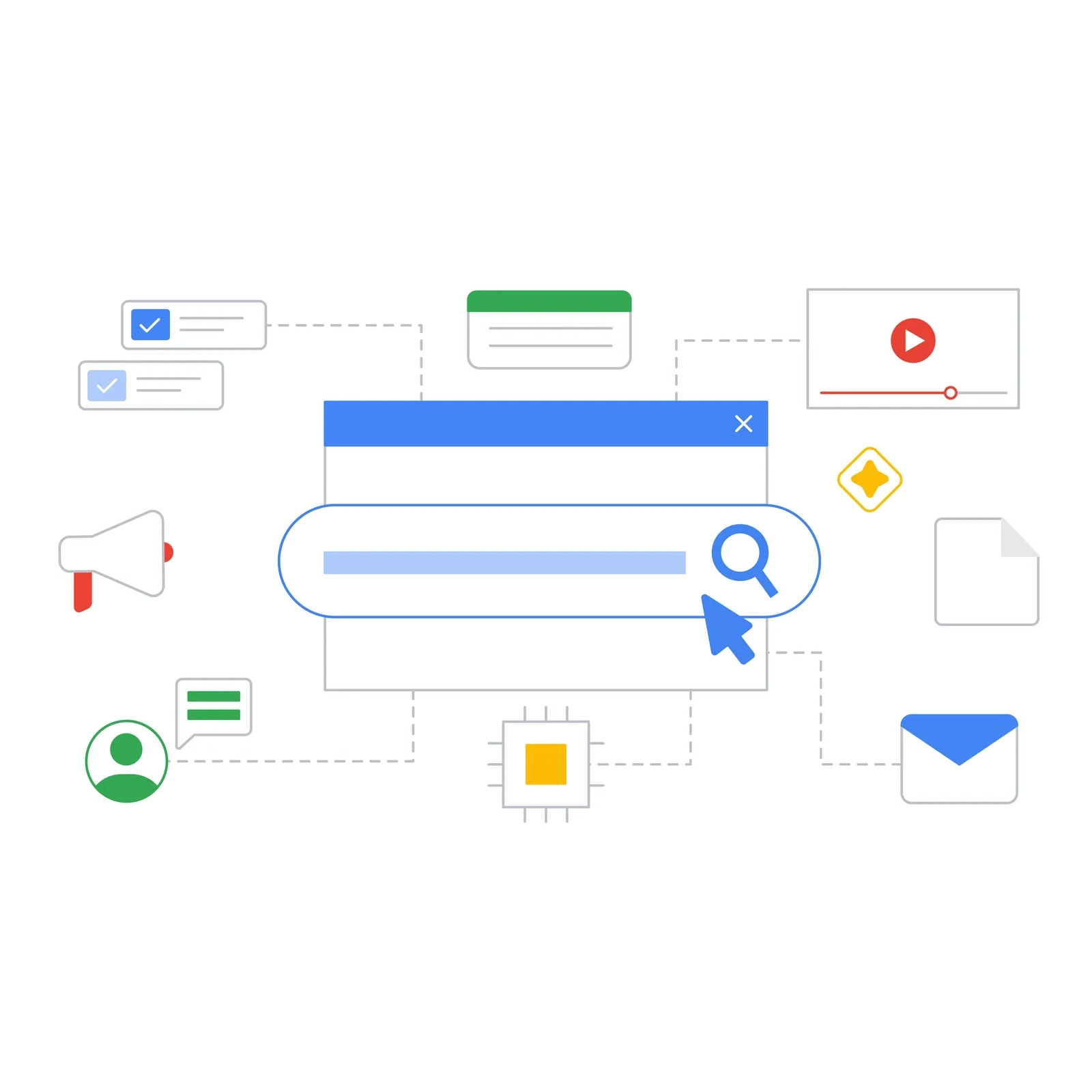Illustration of a search bar surrounded by icons representing online activities: video, email, messaging, documents, and megaphone.