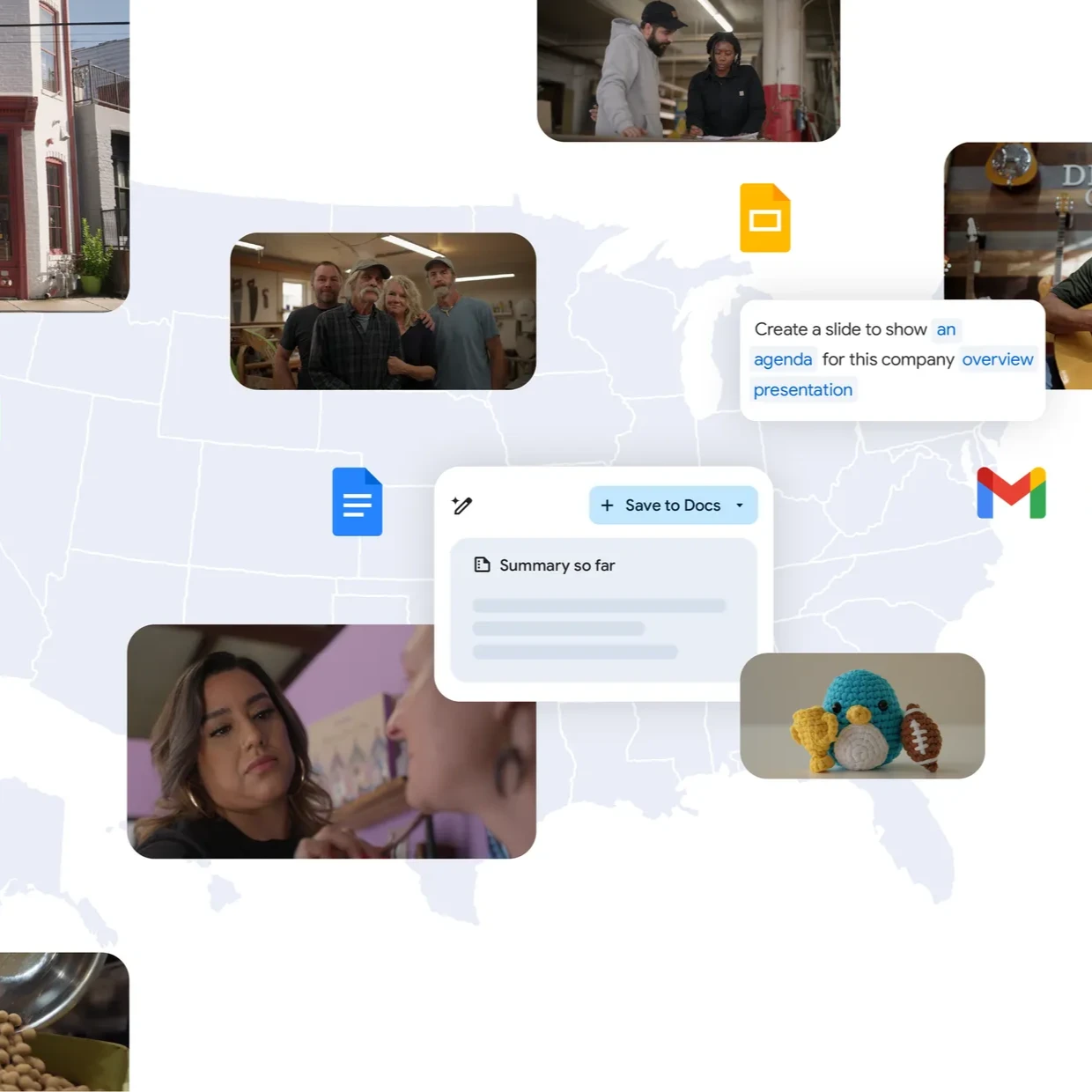 A collage of different wants businesses are using Google AI products across the US