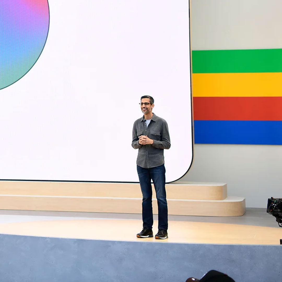 Sundar Pichai stands on the I/O stage and makes his opening remarks