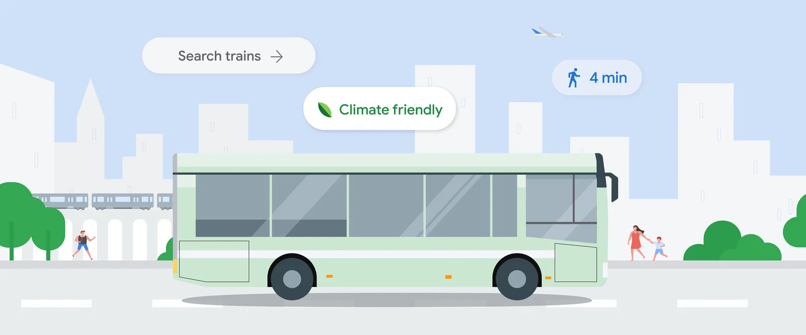 Illustration of a public bus on a street, with a train in the background and plane flying overhead. Bubbles of text show the phrases &quot;Search trains; and ;Climate Friendly.