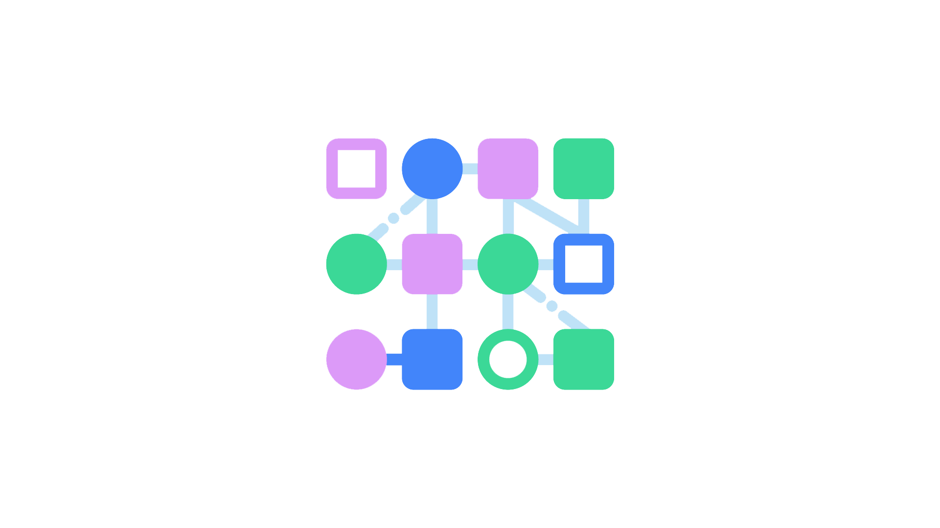 A diagram illustrating a group of interconnected squares and circles. A few of the shapes are not filled in, representing the random data added to measurement results. 