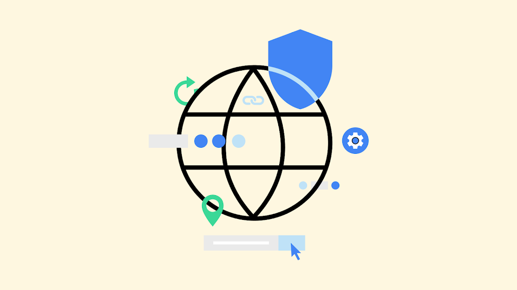 A globe that represents the open web surrounded by internet services icons.