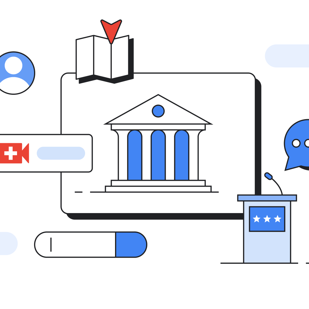 Illustration of civics imagery, including a columned building, a podium with microphone, and smaller floating icons indicating a contact card, a search bar, and a video conferencing symbol