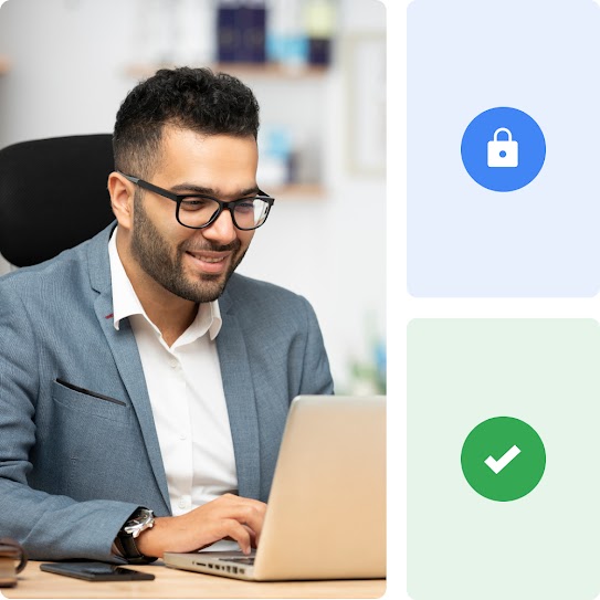 Collage of images shows icons of safe and secure content, a man working in an office.