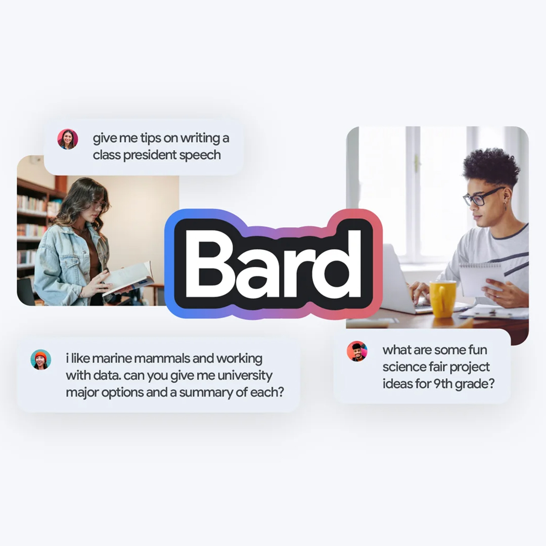The Bard logo is surrounded by photos of teens and prompts like “what are some fun science fair ideas for the 9th grade”?