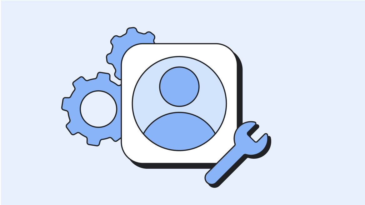 Blue icon of a contact card flanked by gears and a wrench indicating digital tools