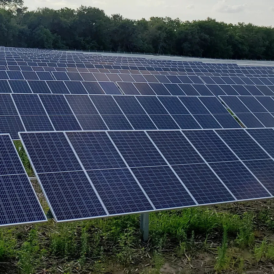 A photograph of an array of solar panels on a farm