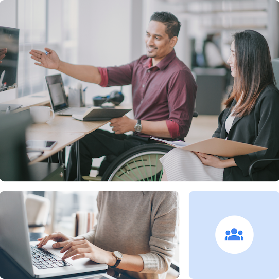 A collage of images shows two men working in an office, a close up of people collaborating on a laptop, and an icon to represent teams.