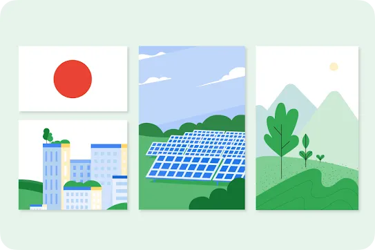 Illustration of the Japanese flag, buildings, solar panels, and trees and mountains